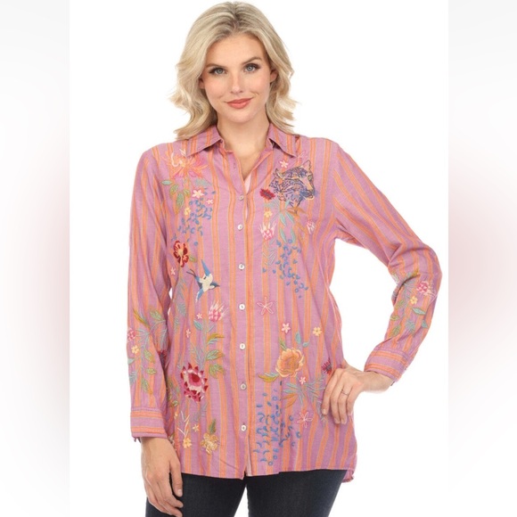 Johnny Was Workshop Stripe Indalo Button Down Shirt Tunic Top Boho Chic W28724 - Picture 10 of 11